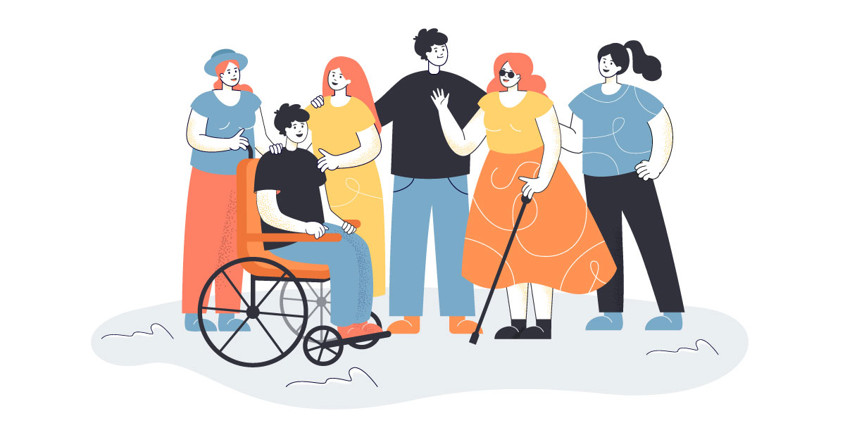 Dibujo que muestra a diferentes personas, algunas de ellas en situación de discapacidad, conversando. Una de ellas es usuaria de silla
