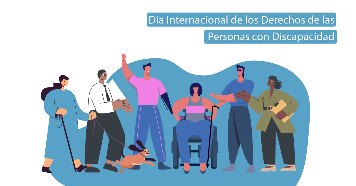 Dibujos de diferentes personas, algunas de ellas en situación de discapacidad, sobre fondo blanco y el texto Día Internacional de las Personas con Discapacidad.