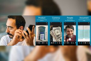 Diferentes fotografías que muestran a una persona escuchando en su teléfono y viendo lo que hace la app seeing ai, que puede identificar objetos, dinero, personas y escenas.